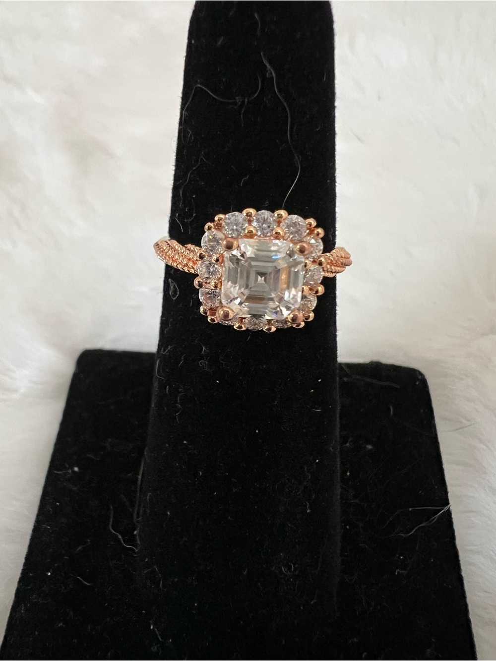 Rose Gold Over Sterling Silver Halo Asscher-Cut Ring with Clear Moissanite Stone